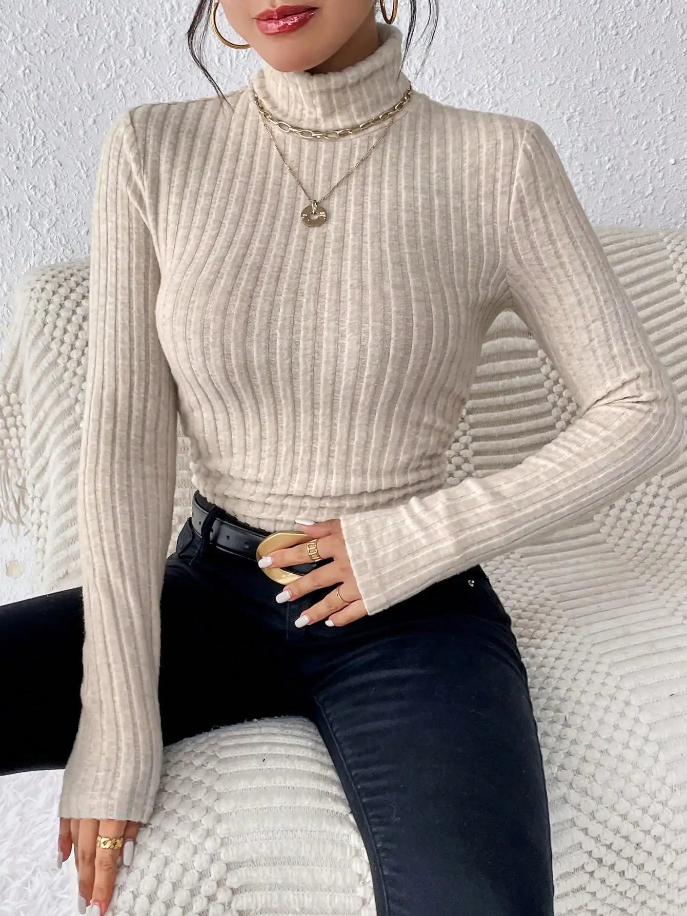 Herbst und Winter Sexy Textur Pit Streifen Schlank Stricken Langarm frauen t-shirt Neue High Neck frauen Tops Casual frauen Tops