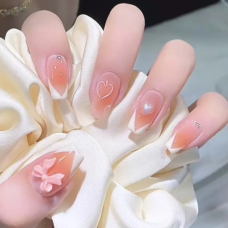 Blush Pink False Nails Bowknot Diamond Pearl 3D Design Press on Nail Tips with Harmless Smooth Edge Nails Woman DIY Fake Nails