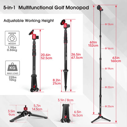 Manbily GF-M25 Aluminum Magnetic Golf Monopod Selfie Stick with Ground Spike Stakes Magnetic Tripod Stand for Golf Traing.