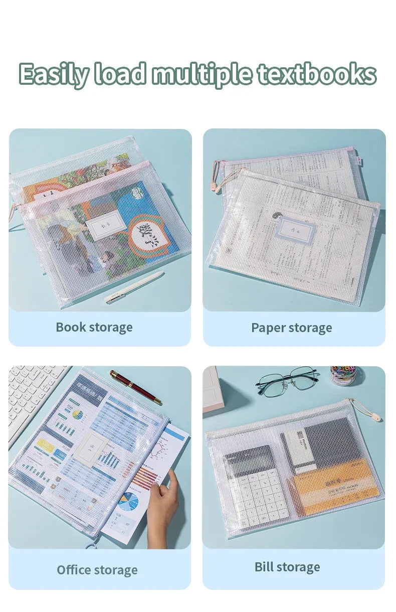 Zipper Mesh Bags A4/A5 Plastic Zipper Bags For Organizing Waterproof Clear Travel Bags Office Supplies Document，color random.