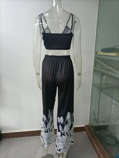Sexy Two Piece Set Women Outfit 2025 Summer Butterfly Print V-Neck Cropped Top High Waist Drawstring Casual Wide Leg Pants Sets.