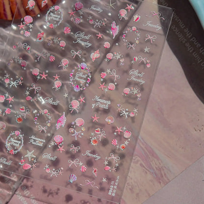 Ocean Theme 5D Nail Sticker Summer Beach Seashells Starfish Conch Scallop Shell Coral Self Adhesive Decoration Manicure Decal