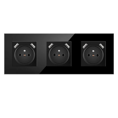 JHJCH Touch Lichtschalter Frankreich Steckdosen USB C Telefon Ladung Kristallglas 1/2/3Gang Wandschalter Doppelsteckdosen Schwarz.