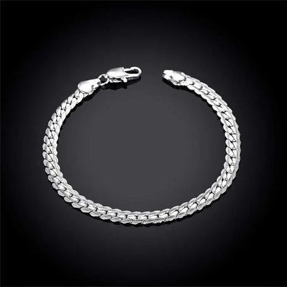 925 Sterling Silver 2 Piece Full Side Chain Necklace Bracelet Women Men Fashion Jewelry Set Wedding Gift.