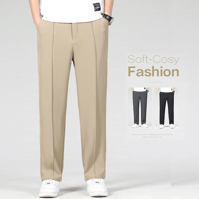 New Autumn Men's Business Straight Suit Trousers Elastic Waist Drape Loose Casual Stitching Khaki Black Pants Brand Clothing.