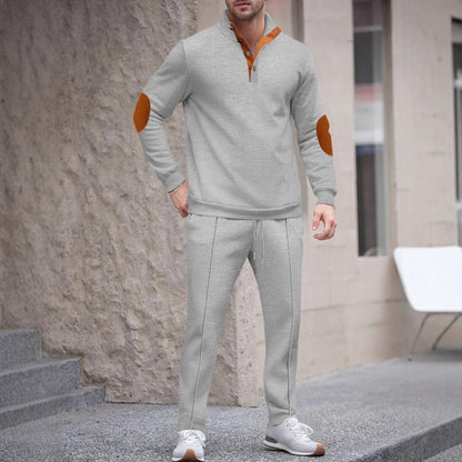 Men's new autumn style American stand-up collar button elbow patch color-block long-sleeve hoodie and pants set.