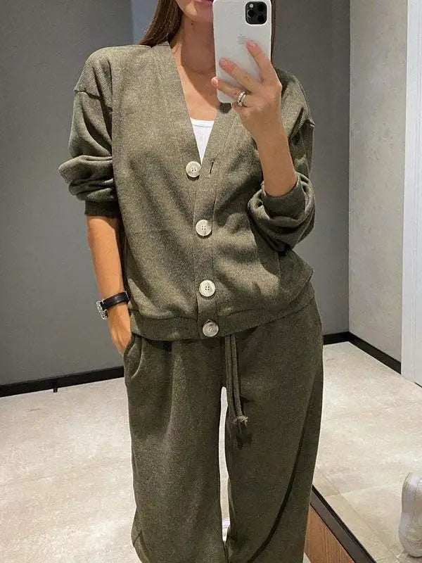 Autumn Fashion Knitted Cotton Women's Sports Jacket Suit Simple Trousers Pocket Casual Cardigan Elegant 2-piece Set Female.
