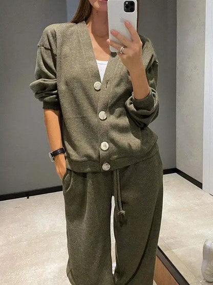 Autumn Fashion Knitted Cotton Women's Sports Jacket Suit Simple Trousers Pocket Casual Cardigan Elegant 2-piece Set Female.