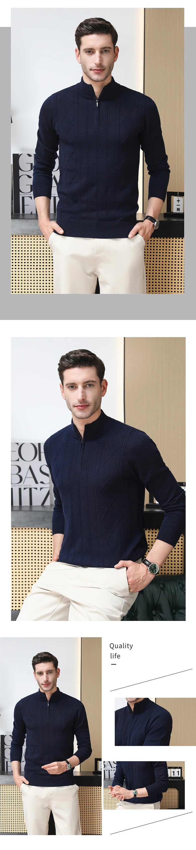 High End 100% Australia Wool Cashmere New Autum Winter Fashion Brand Casual Zip Up Men Pullover Knit Half Turtleneck Sweater.