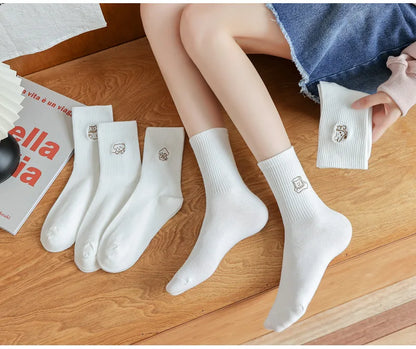 5 Pairs of White Women's Embroidered Socks for All Seasons Cotton Socks Mid-high Tube Student Cartoon Sports Socks.