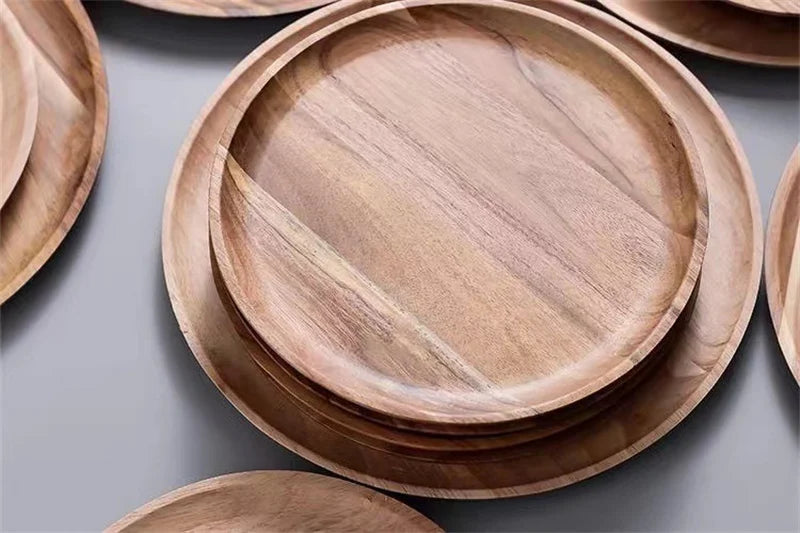 Wooden Tray Simple Round Serving Tray Retro Wood Plates Fruit Dessert Tray Snack Fruit Platter Food Plate Dish Storage Tray.