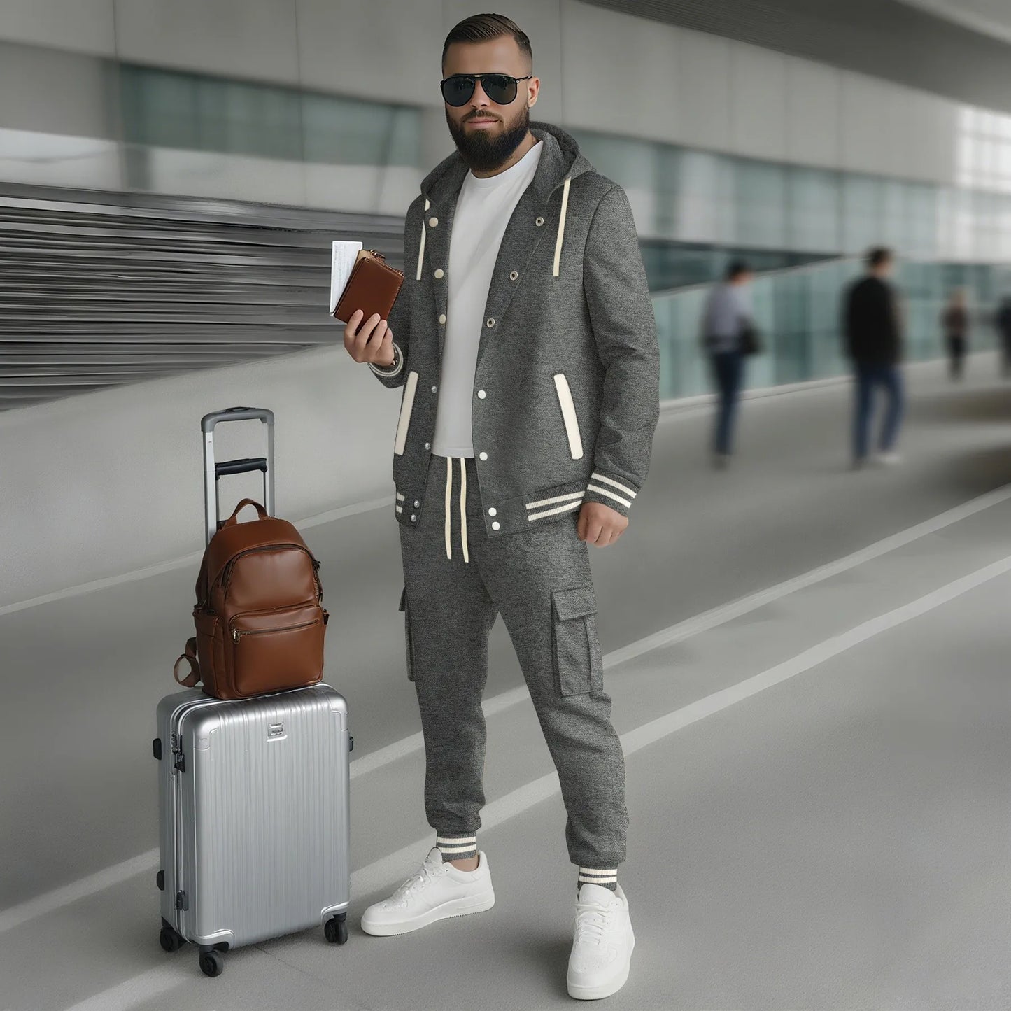 New autumn and winter men's large twill hooded baseball jacket and hoodie open cardigan long-sleeved work pants set.