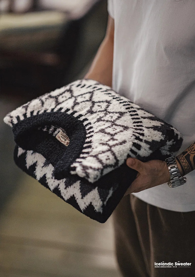 Maden Vintage Heavyweight Fair Isle Icelandic Sweater Round Neck Jacquard Bottom Knitwear Thickened Warm Pullovers for Christmas.