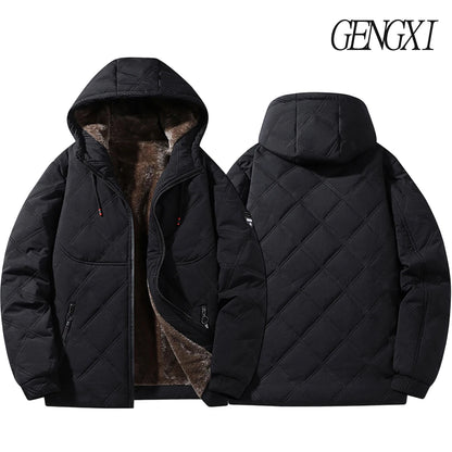 Winter Windproof Thermal Diamond-Pattern Fleece-Lined Thickened Cotton Coat Business Casual Hooded Jacket Fashionable Menswear.