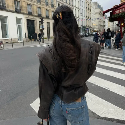 Vintage V-neck Belt Faux Leather Jackets Women Chic Full Sleeve Lace Up High Waist Lapel Overcoat Autumn Female Street Outerwear.