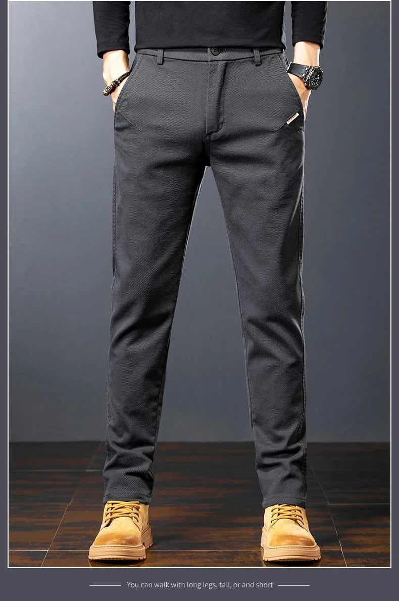 Men's Twill Slim Pants Business Straight Cotton Casual Trousers Brand Fashion Korean Elastic Coffee Black Gray Pant.