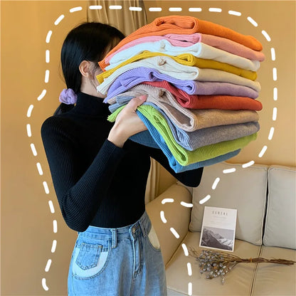 2023 herbst Winter Frauen Langarm Gestrickte Foldover Rollkragen Rippen Pull Pullover Weiche Warme Femme Jumper Pullover Kleidung