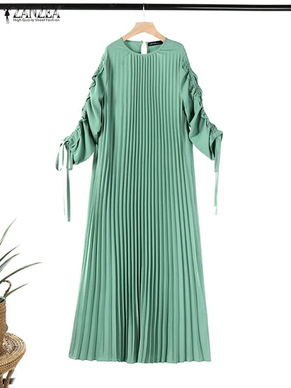 Muslim Hijab Dresses Abaya ZANZEA Spring Maxi Sundress Women Fashion Long Sleeve Pleated Party Dress IsIamic Clothing Robe Femme.