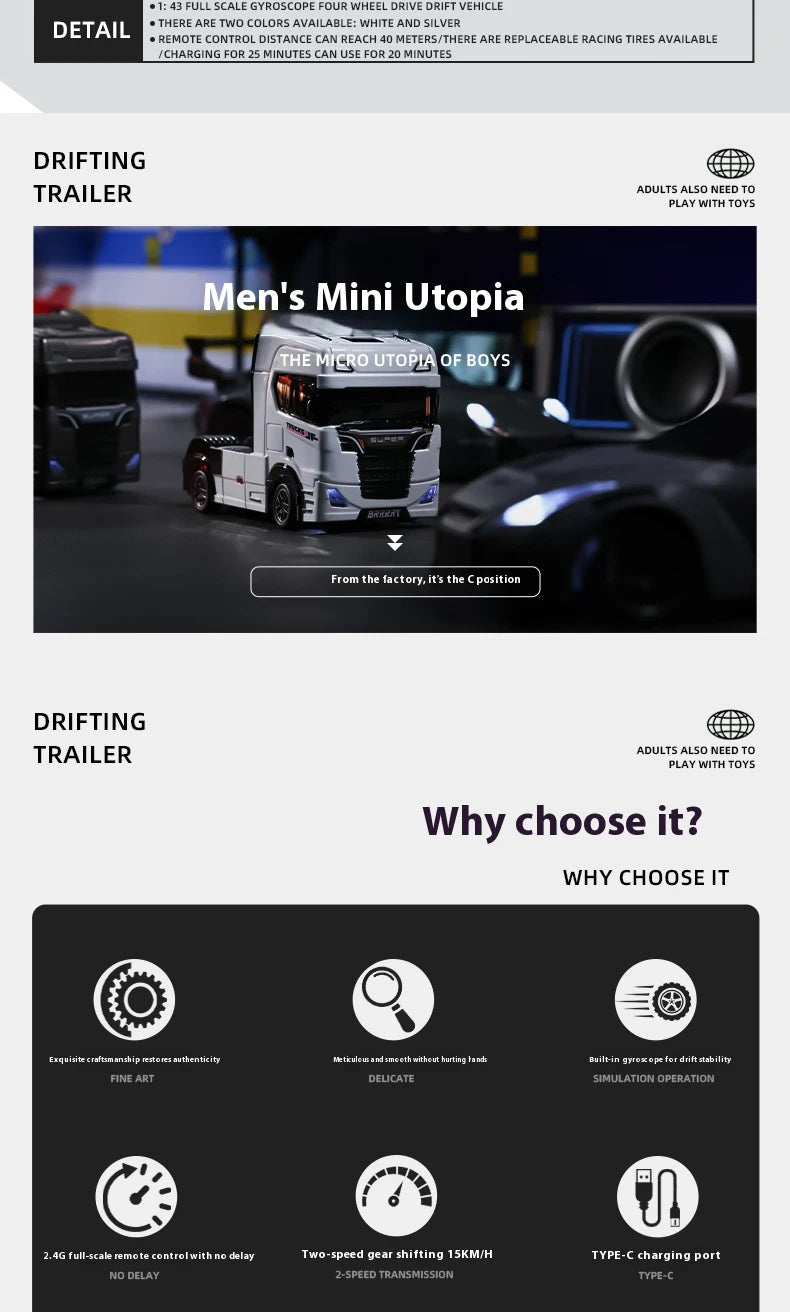 1/43 Mini RC Car Remote Control Trailer Truck Drift Desktop Toy Indoor Racing Vehicle Toys for Boys Kids Christmas Gifts.