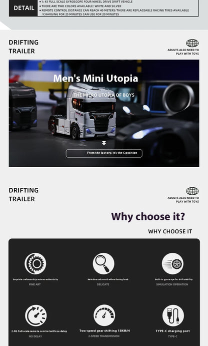 1/43 Mini RC Car Remote Control Trailer Truck Drift Desktop Toy Indoor Racing Vehicle Toys for Boys Kids Christmas Gifts.
