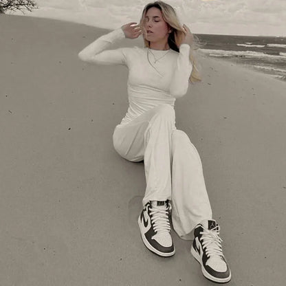 Apprabant Solid Pleated Casual Basic Trousers Set Round Neck Long Sleeve Top Fashion Sports Style High Waist Wide Leg Pants Suit.