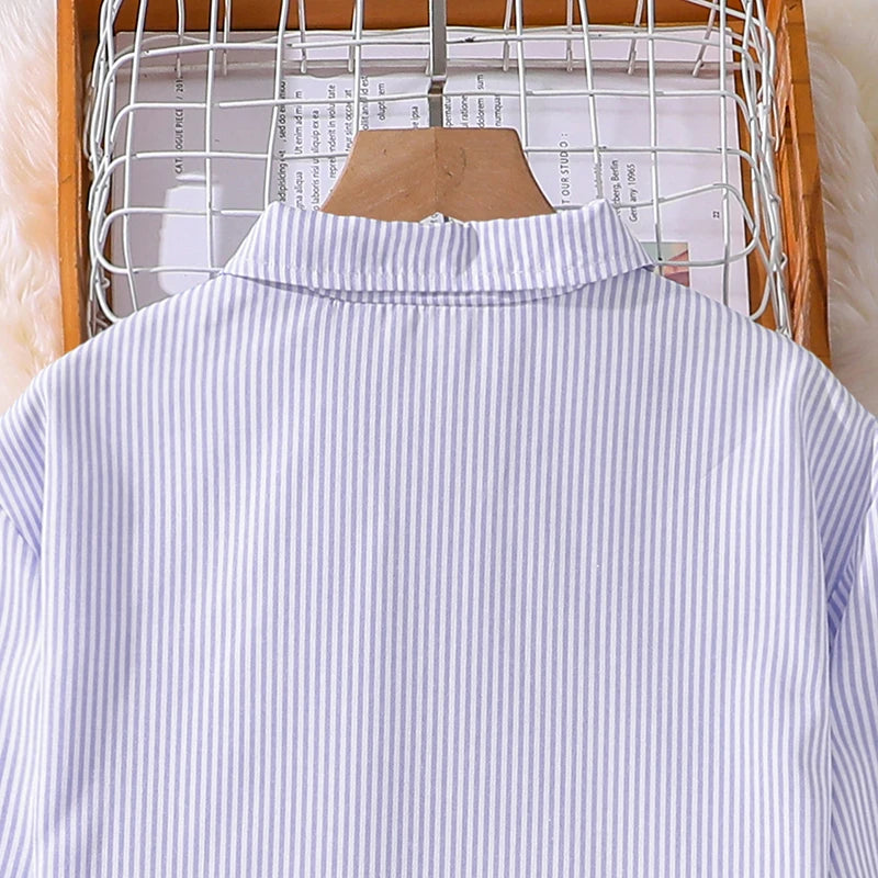 Spring Hot Sale Kids Outfit 4-12 Years Girls Striped Long Sleeve Chemise + Casual Loose Straight Leg Pants Shirt Suit 2Pcs Set.