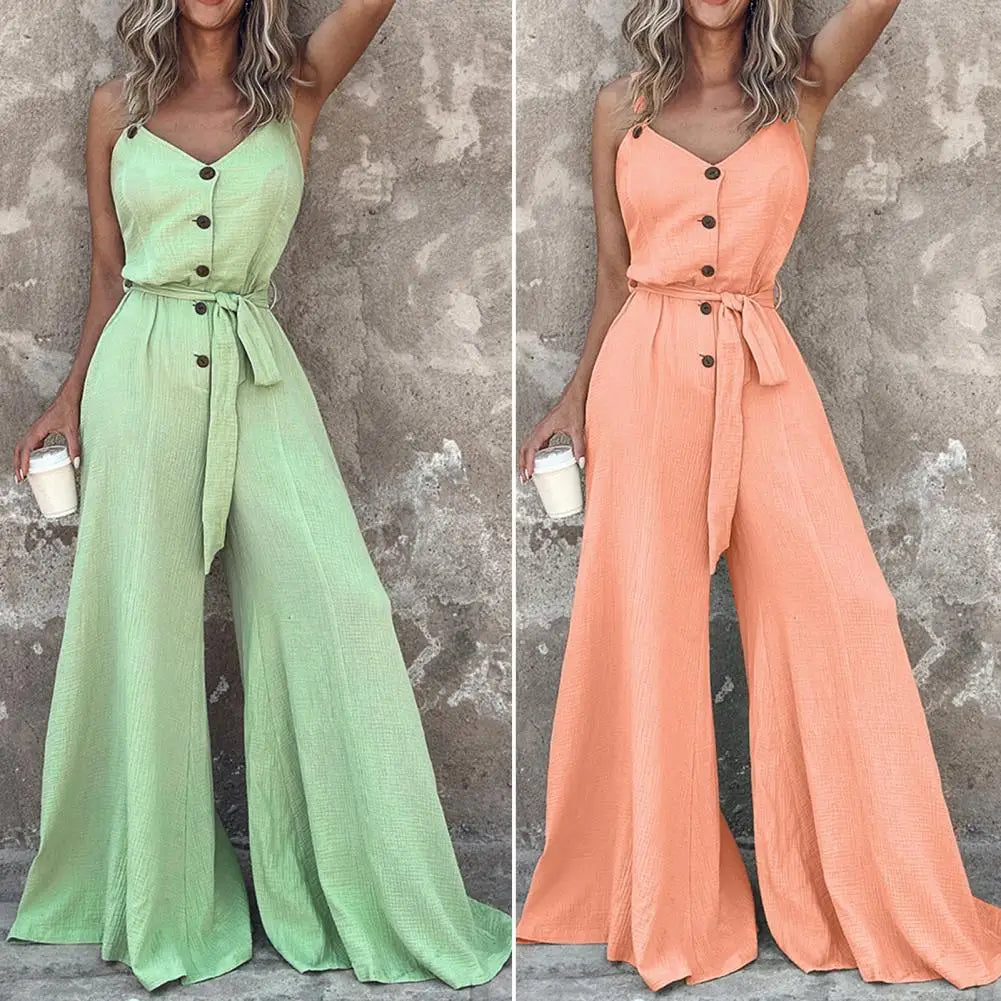 Summer Women Jumpsuit Solid Color Button Closure Lace-up Jumpsuit V Neck Wide Leg Deep Crotch Ankle Length Vest Jumpsuit.