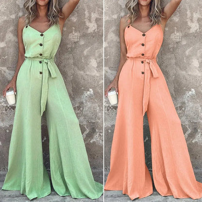 Summer Women Jumpsuit Solid Color Button Closure Lace-up Jumpsuit V Neck Wide Leg Deep Crotch Ankle Length Vest Jumpsuit.