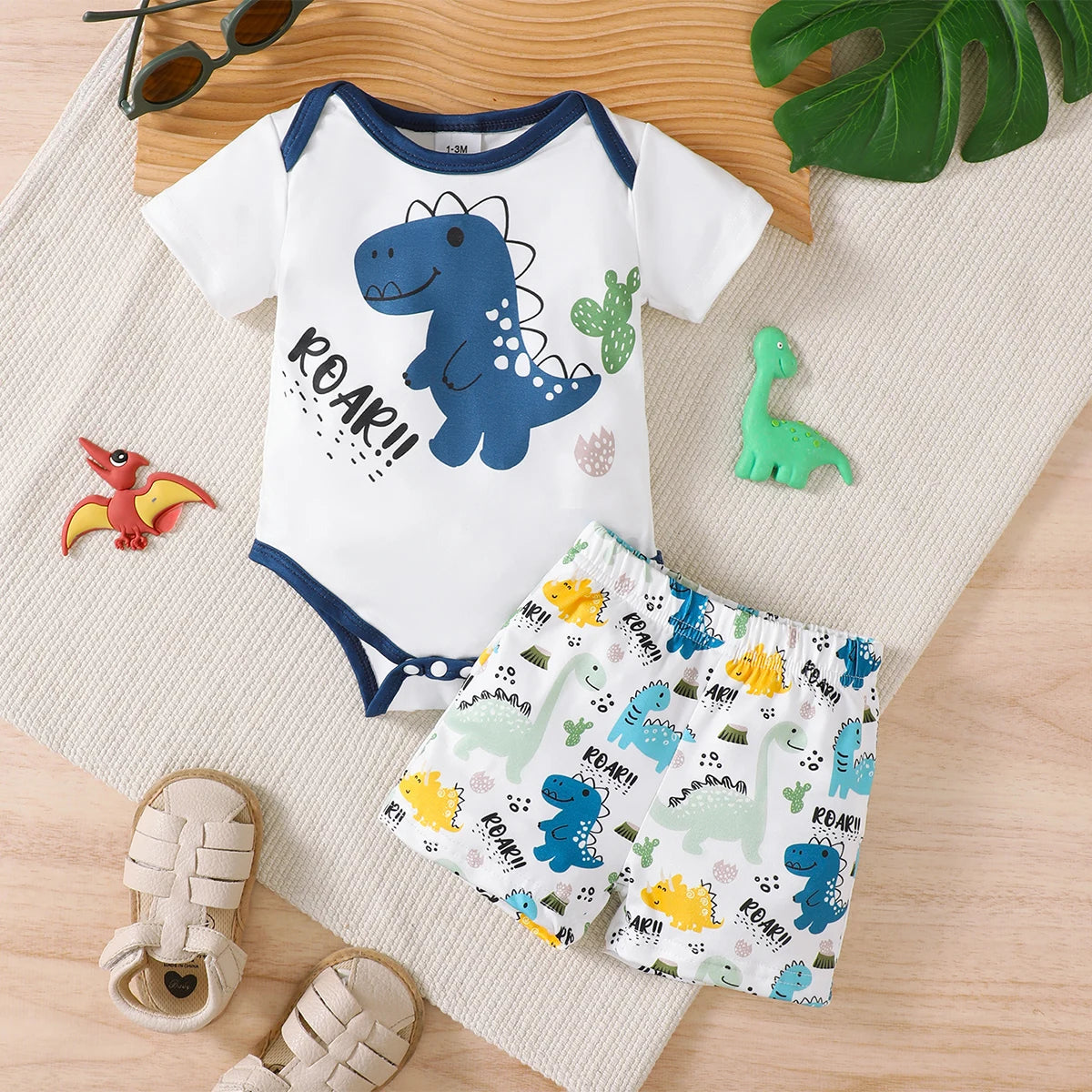 Sommer-Set für 0–18 Monate alte Babys, Dinosaurier-Aufdruck, kurzärmelig und Shorts, Set für Neugeborene, Jungen, lässiger Stil.