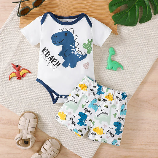Sommer-Set für 0–18 Monate alte Babys, Dinosaurier-Aufdruck, kurzärmelig und Shorts, Set für Neugeborene, Jungen, lässiger Stil.