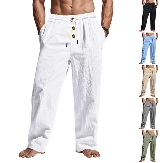 Autumn New Men's Linen Cotton Pants Solid Color Button Drawstring Design Casual Loose Fit Cozy Trousers Simple Style Long Pants.