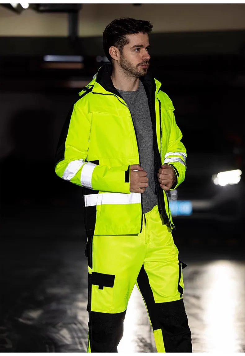 High Visibility Workwear Winter Clothes Hi Vis Suit Reflective Jacket Waterproof Winter and Pockets Reflective Work Pants Set