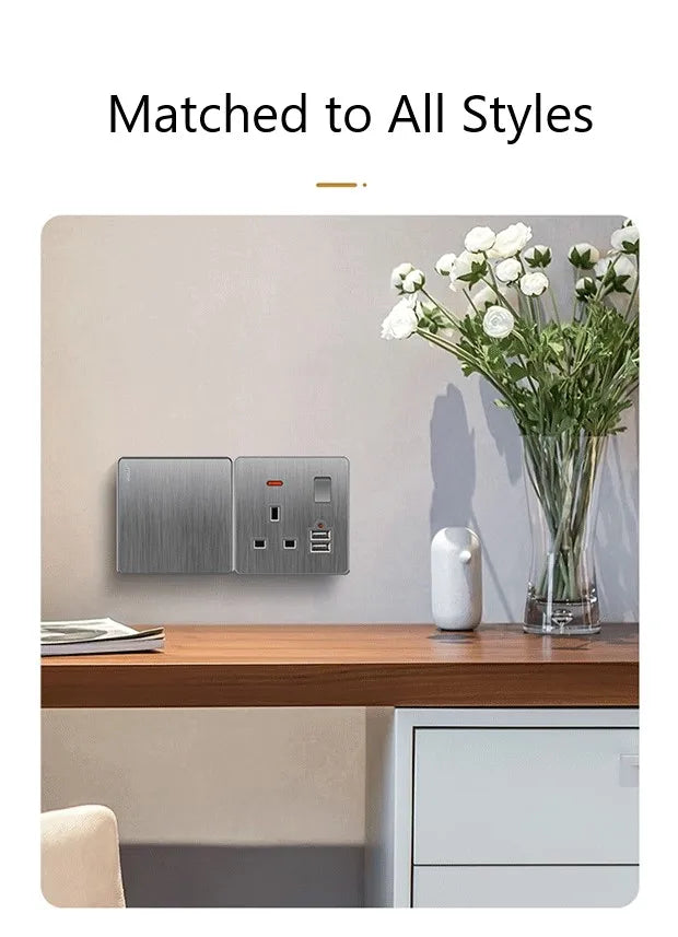 Große Neigungssteckdose im nordischen Stil, grau, 13 A, elektrische Schaltersteckdose nach britischem Standard, universelle Wand-Doppelsteckdose mit USB-Anschluss 2,1 A.