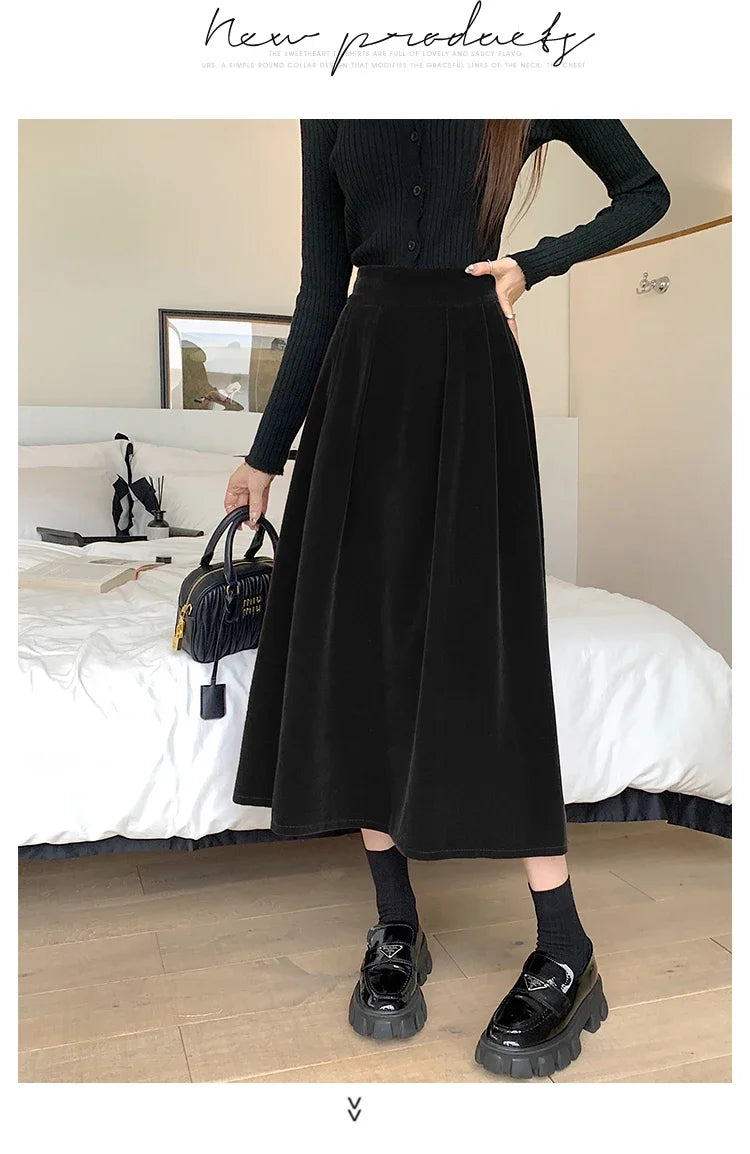 Autumn Winter Warm Vintage Red Elegant Velvet A-line Skirt For Women 2024 High Waist Casual Black Party Pleated Big Swing Skirts.