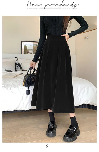 Autumn Winter Warm Vintage Red Elegant Velvet A-line Skirt For Women 2024 High Waist Casual Black Party Pleated Big Swing Skirts.