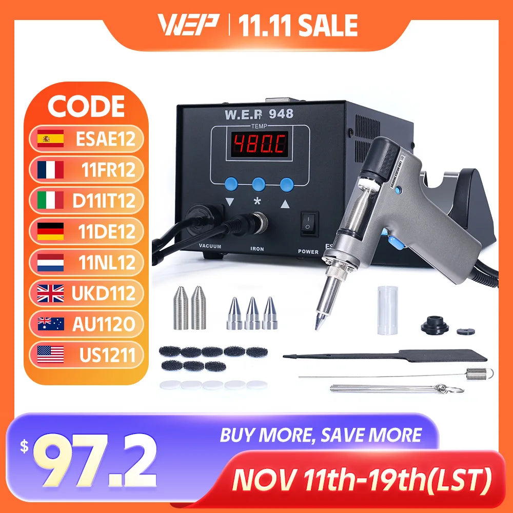 WEP 948 Saug-Zinnpistolen-Entlötstation 90 W mit automatischer Abschaltung, variable präzise Temperatur oC/ ° F-Display, Schlaf