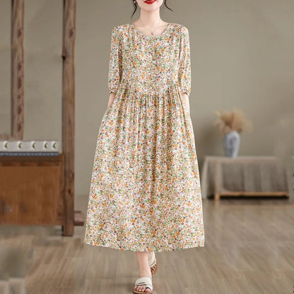Kurzarm übergroße Baumwolle Satin Vintage Blumen neu in Kleidern für Frauen lässig lose lange Sommerkleid elegante Kleidung.