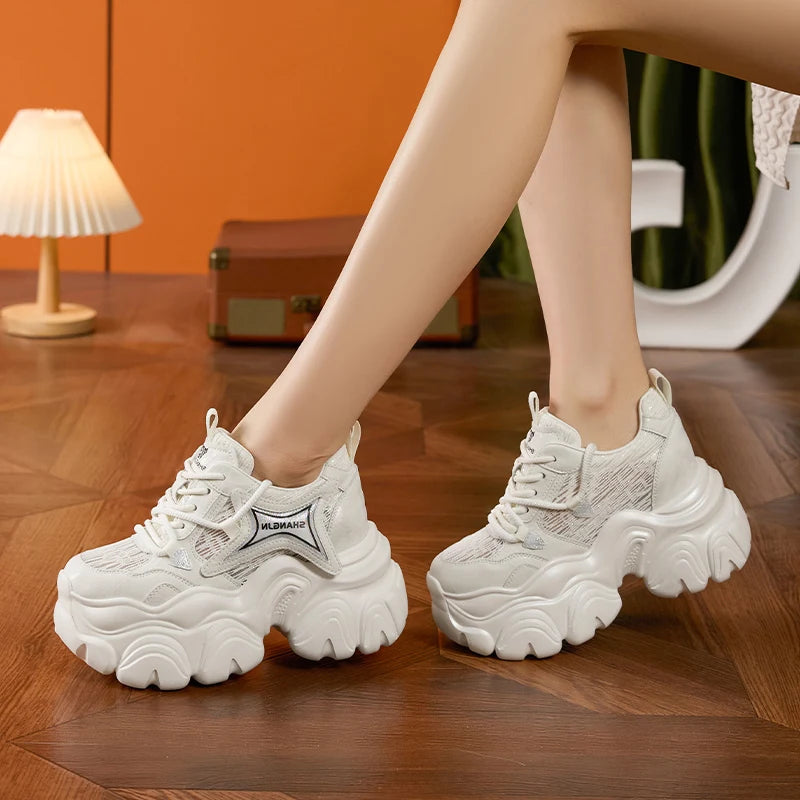 AUTUSPIN 10cm Pink Thick Soled Shoes for Summer Women Breathable Lace-up Ladies Sneakers Outdoor Casual Fashion Platform Shoes.