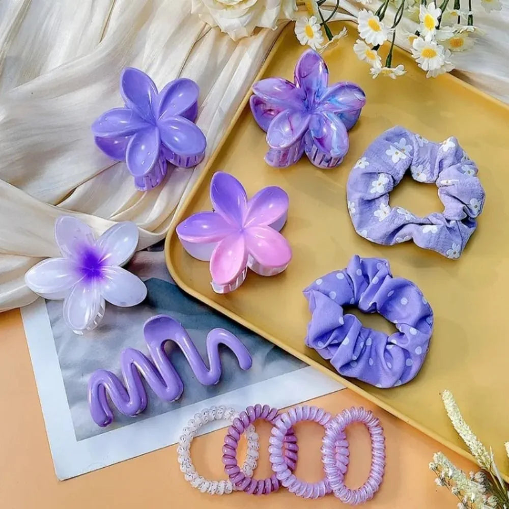 11pcs/Set Fashion Plumeria Hawaiian Hair Clamps Set Colorful Elastic Flowers Hair Clips Rubber Band Hair Rope Hair Accessories.