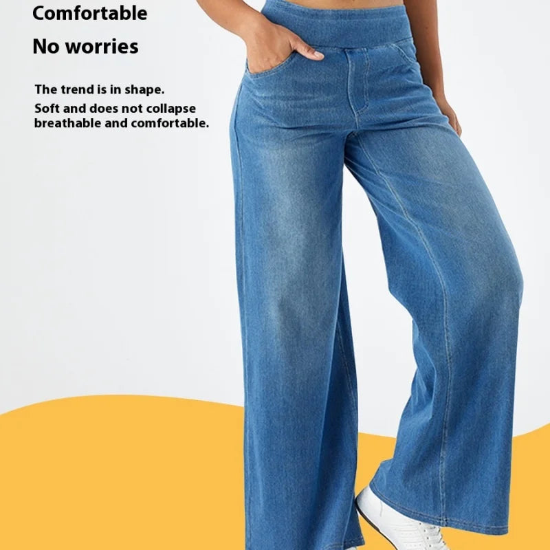 Women's New Large Size Denim Wide-Legged Trousers American High-Waisted Thin Straight Loose Casual Trousers Casual Jeans.