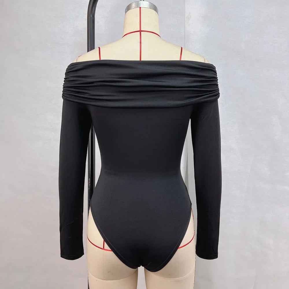 Shestyle Off Shoulder Slash Neck Bodysuits Women Overlap Solid Long Sleeve Basic T-Shirt Pleated Cross Bodycon Fashion Trendy