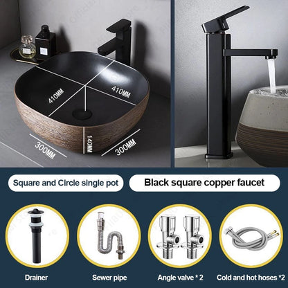 Braunes Porzellan-Keramik-Waschbecken über der Theke, Waschtisch, Schüsselbecken, Badezimmer, Sanitär, Balkon, Tisch, Waschbecken, Arbeitsplatte, ovales Waschbecken