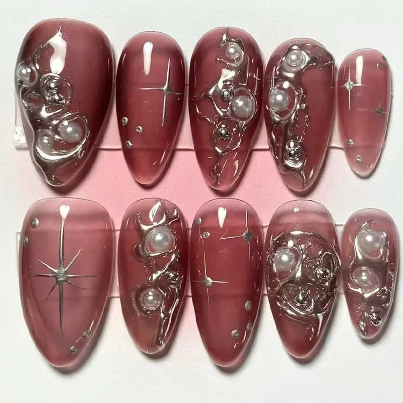 24Pcs Pink Almond False Nails Butterfly Ballet with French Design Wearable Fake Nails Simple Artificial Press on Nails Tips Art.
