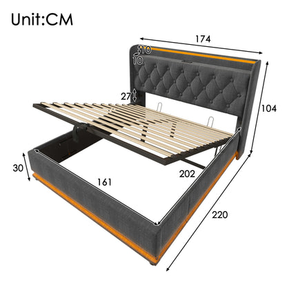 KOMHTOM Hydraulisches Lagerbett, Leinen, 360-Surround-LED-Funktion, mit USB Typ-C Ladefunktion, ohne Matratze