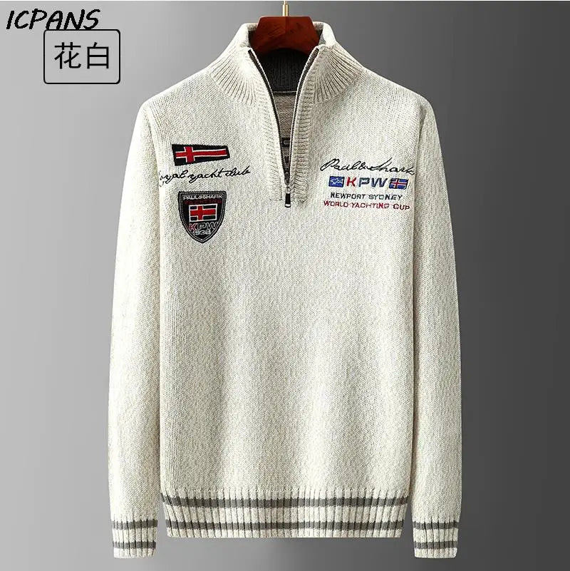 Autumn Sweater Male Shark Clothing Cotton Wool Jumpers Pullover Coats Jacquard Christmas Knitted Half Turtleneck zip.