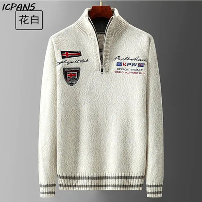 Autumn Sweater Male Shark Clothing Cotton Wool Jumpers Pullover Coats Jacquard Christmas Knitted Half Turtleneck zip.
