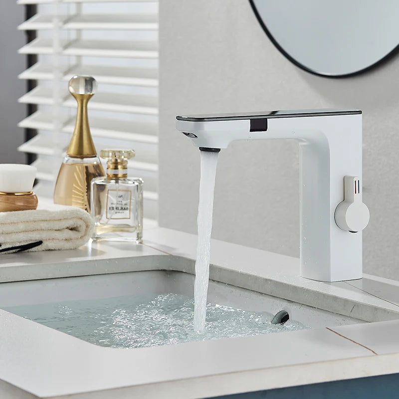 Touchless Sensor Basin Faucet Smart Digital Display Bathroom Sink Faucet Grey Sense Hot Cold Water Mixer Tap Battery Power