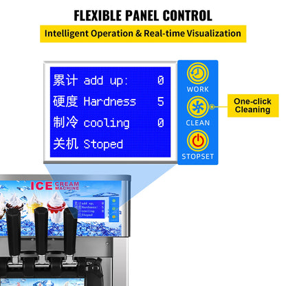 SIHAO Commercial Soft Serve Ice Cream Machine - Tri-Flavor 18L/H with LCD Display & One-Touch Cleaning for Dessert Shops, Cafes.