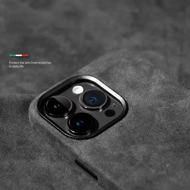 Grey Alcantara Magnetic Attraction Case for iPhone 16 12 13 14 15 Pro Max High-end Imported Suede Metal Lens Protection Cover.