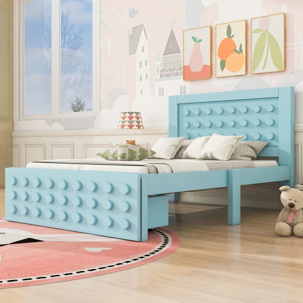 Jugendbett mit kreativem Blockdesign, Gestell aus Massivholz mit Gitterrost, mit Stauraum unter dem Bett, ohne Matratze